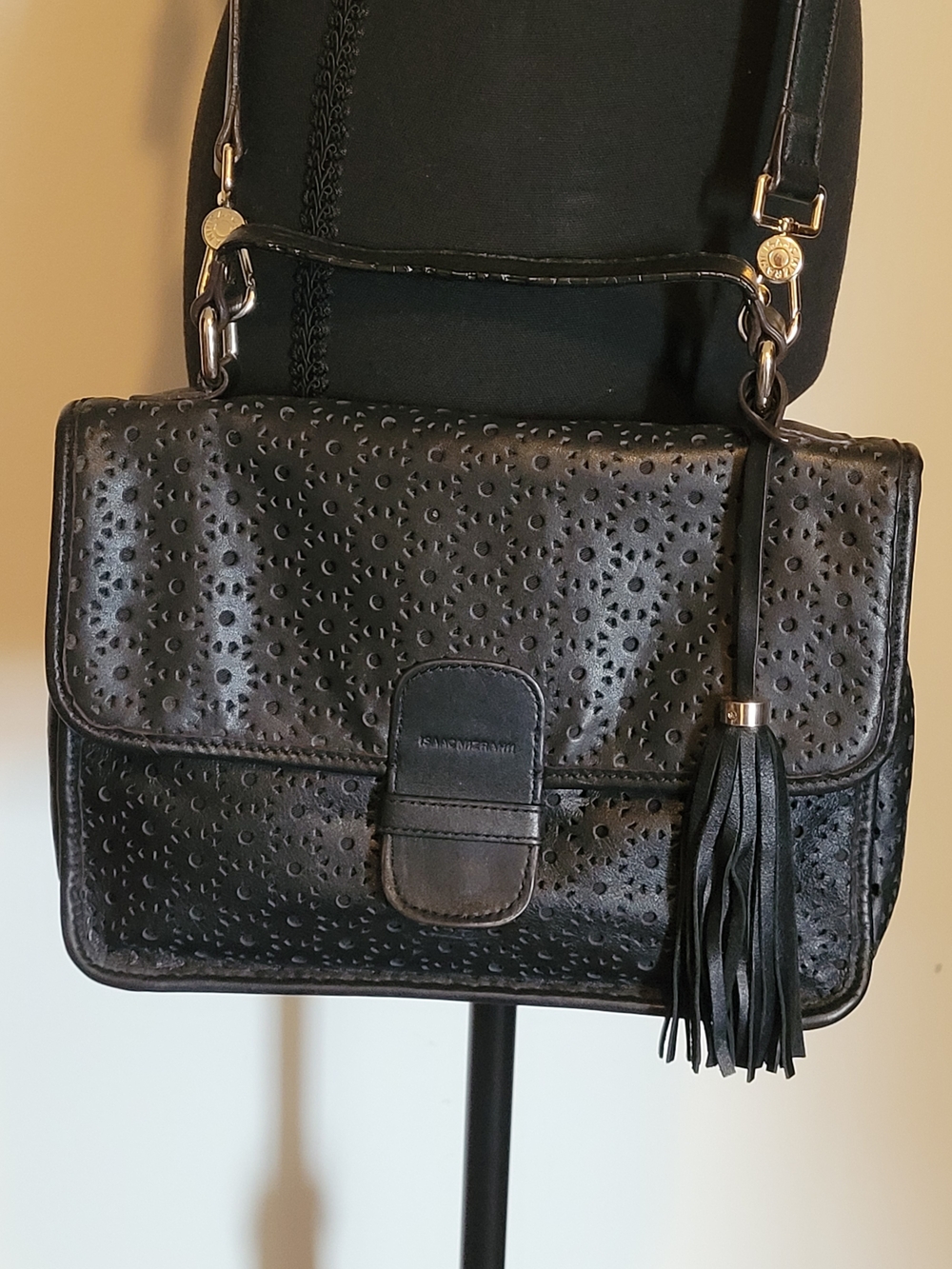 Isaac Mizrahi Black Perforated Leather Crossbody/Shoulder Bag with Tassel